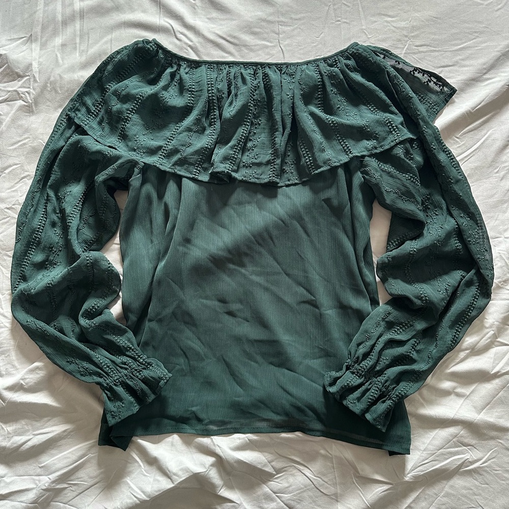 1. State dark green fairycore blouse w sheer poet sleeves and lace ruffle size S